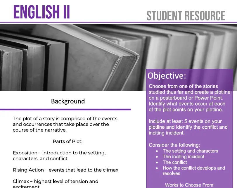 English II student worksheets